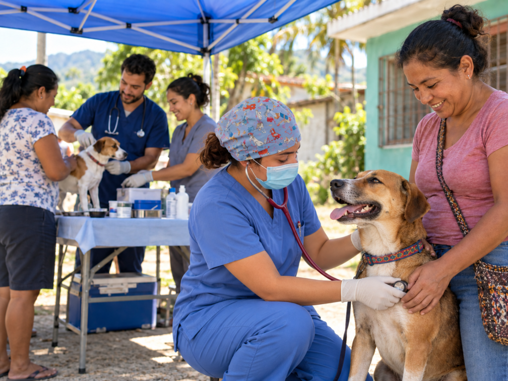 Veterinaria con mascarilla y uniforme azul revisa a un perro junto a su cuidadora durante una jornada comunitaria bajo una carpa en un entorno tropical.”